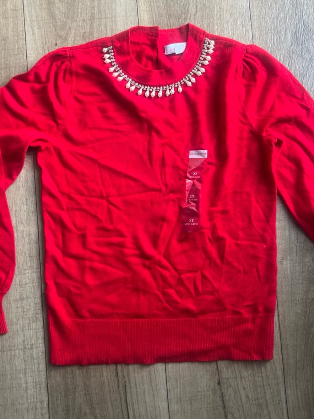 Liz Claiborne Red Crewneck Sweater with Jeweled Neckline